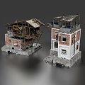 Shabby Dilapidated Building Models With Broken Roofs And Exposed Brick Walls