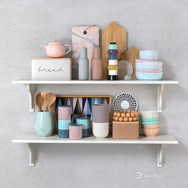 Modern Pastel Tableware Set With Mugs Plates Teapot And Storage Boxes On Kitchen Shelf 3d model 