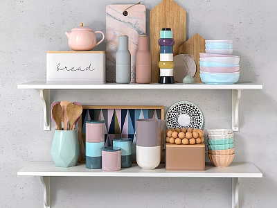 Modern Pastel Tableware Set With Mugs Plates Teapot And Storage Boxes On Kitchen Shelf 3d model