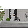 Modern Minimalist Feature Wall With Black White Pattern Sculpture Green Shrubs And Stone Pavement