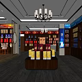 Tobacco and Alcohol Store Interior With Shelves Displayed Products And Chandelier