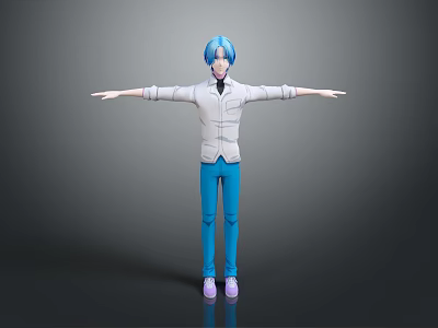 3D Animated Character With Blue Hair White Shirt And Blue Pants Arms Outstretched 3d model
