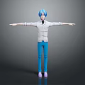 3D Animated Character With Blue Hair White Shirt And Blue Pants Arms Outstretched