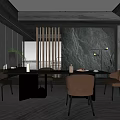Modern Restaurant Interior Design With Marble Wall Dining Table Chairs Plants And Pendant Lights