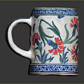 White Ceramic Mug With Blue Border And Red Floral Green Leaf Design