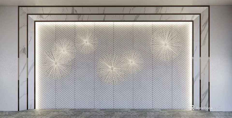 Modern Marble Tile Background Wall With Herringbone Pattern Metallic Wire Dandelion Decorations And Illuminated Accents 3d model 