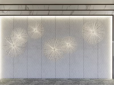 Modern Marble Tile Background Wall With Herringbone Pattern Metallic Wire Dandelion Decorations And Illuminated Accents 3d model