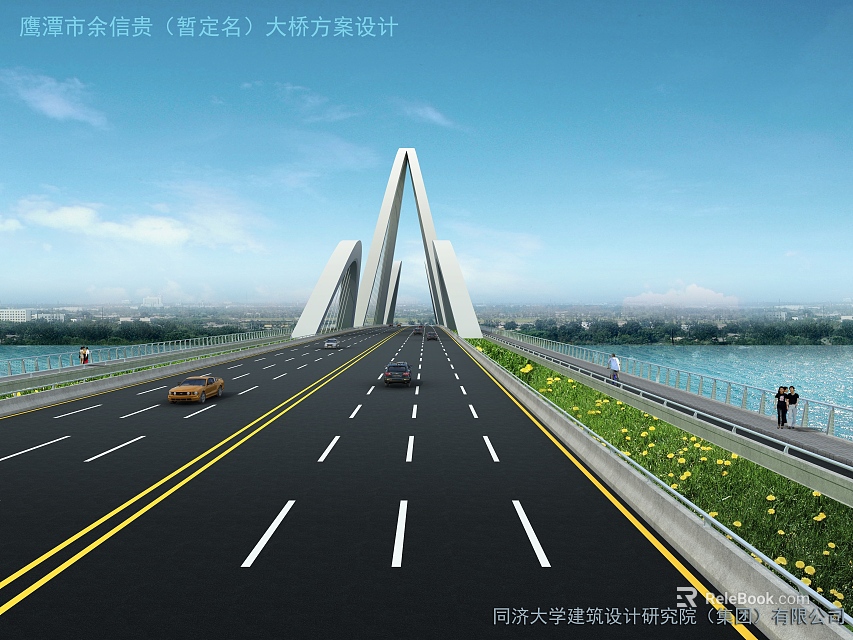 Modern Cable Stayed Bridge Design Over Xinjiang River With Road Lanes And Scenic Views 3d model 