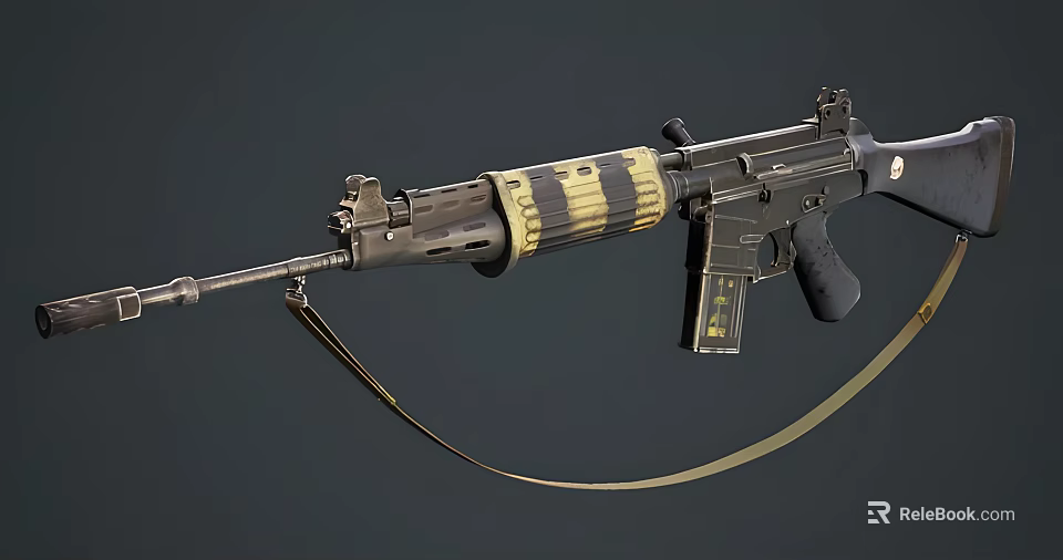 Tactical Military Rifle With Yellow Striped Barrel Magazine And Leather Strap Design 3d model 