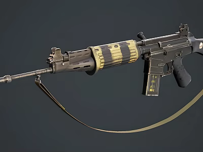 Tactical Military Rifle With Yellow Striped Barrel Magazine And Leather Strap Design 3d model
