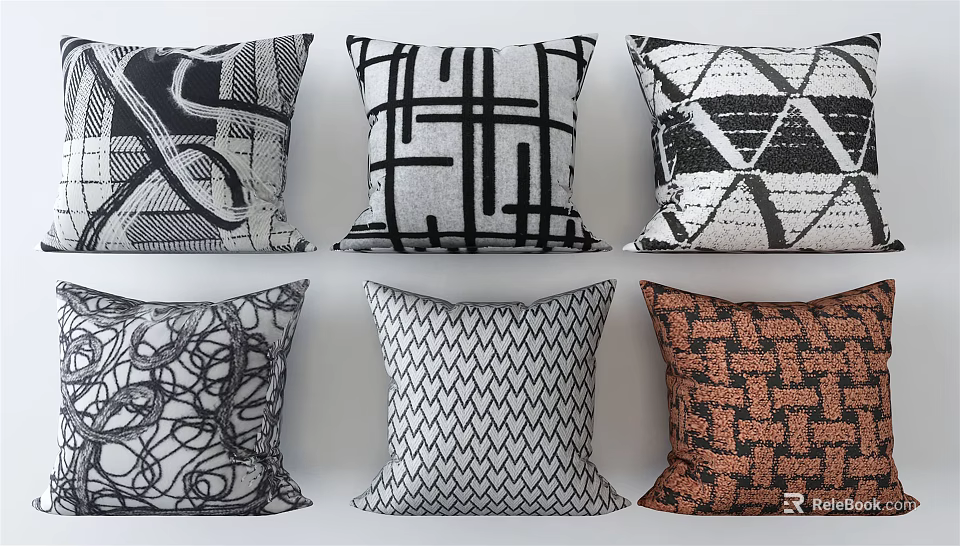 Modern Decorative Throw Pillows Featuring Geometric Abstract Black White Brown Patterns 3d model