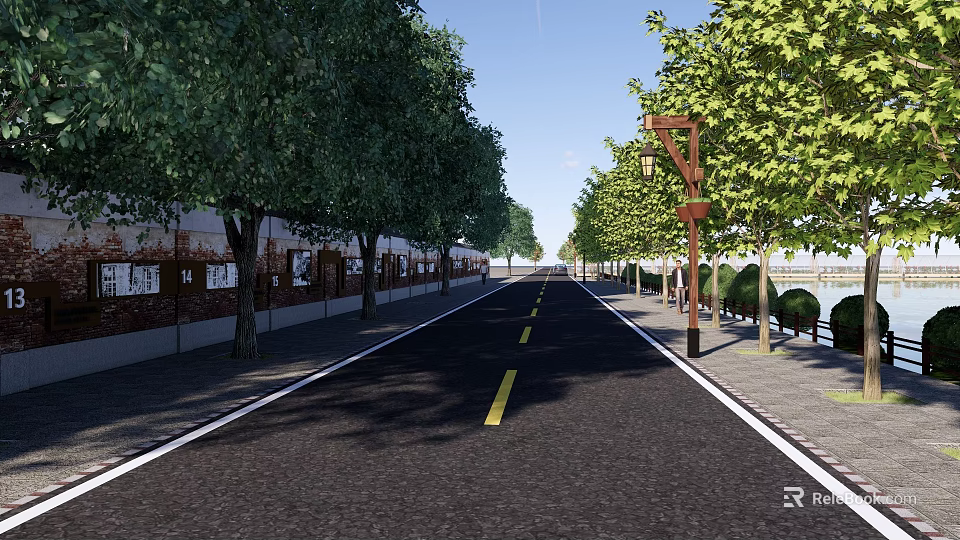 Urban Municipal Road with Green Trees Street Lamps and Yellow Dividing Lines 3d model 