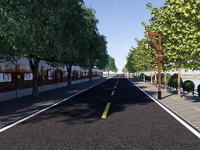Urban Municipal Road with Green Trees Street Lamps and Yellow Dividing Lines 3d model