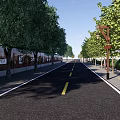 Urban Municipal Road with Green Trees Street Lamps and Yellow Dividing Lines