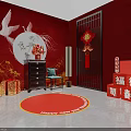 Live Stream Room With Red Theme Chinese Knot Fu Character Golden Cabinet And Traditional Decorations