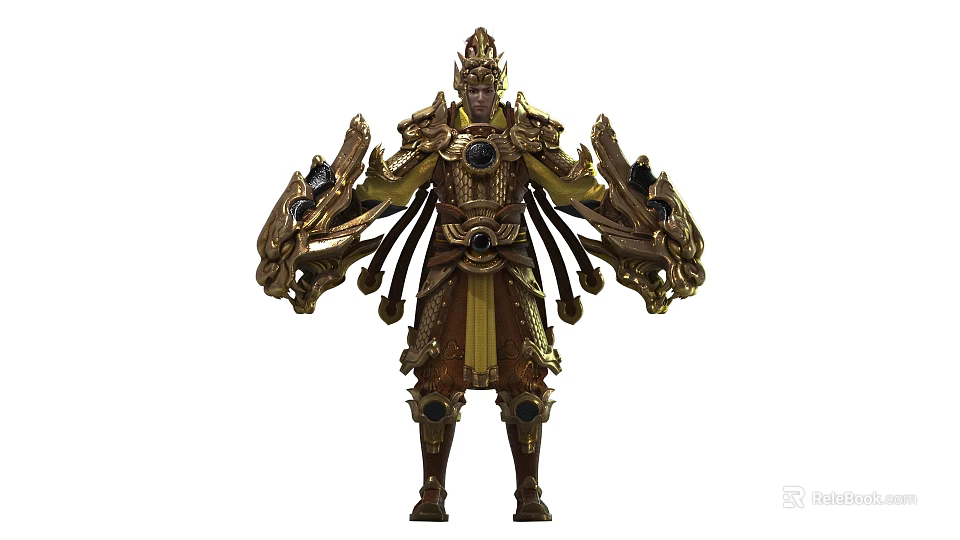 Man in Majestic Ornate Gold and Brown Decorated Armor with Intricate Details 3d model 