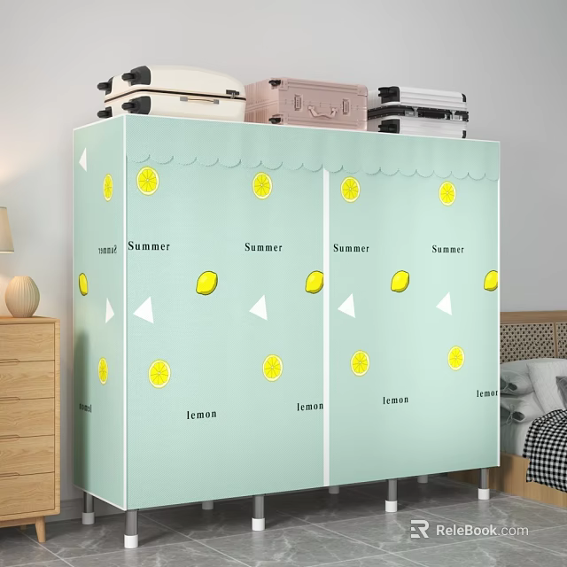 Light Blue Wardrobe With Lemon Patterns And Summer Text In Bedroom With Suitcases On Top 3d model 