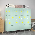 Light Blue Wardrobe With Lemon Patterns And Summer Text In Bedroom With Suitcases On Top
