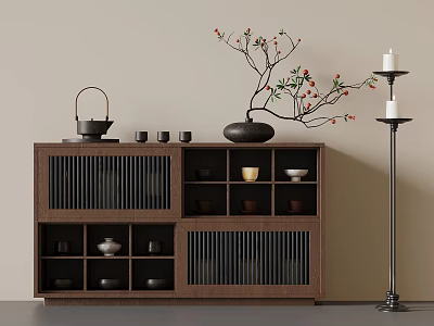 Traditional Dark Wooden Cabinet with Tea Set Vase Branches and Candle Holder 3d model