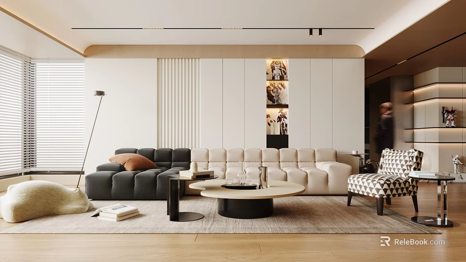 Modern Living Room Interior With Black And Beige Sofas Round Coffee Table And Wall Art 3d model 