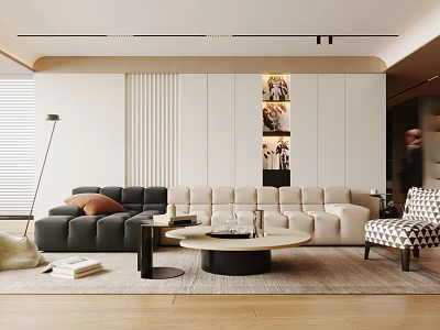 Modern Living Room Interior With Black And Beige Sofas Round Coffee Table And Wall Art 3d model