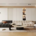Modern Living Room Interior With Black And Beige Sofas Round Coffee Table And Wall Art