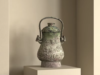 Ancient Style Bronze Ornamental Piece With Carved Patterns Handle And Lid On Display Stand 3d model