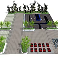 Parking Lot Design Featuring Red Cars Trees Blue Chairs And Paved Space
