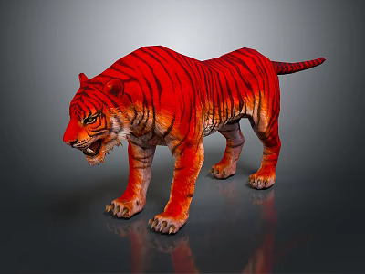 Vibrant Red And Orange Gradient Tiger With Black Stripes Open Mouth Dark Background Reflection 3d model