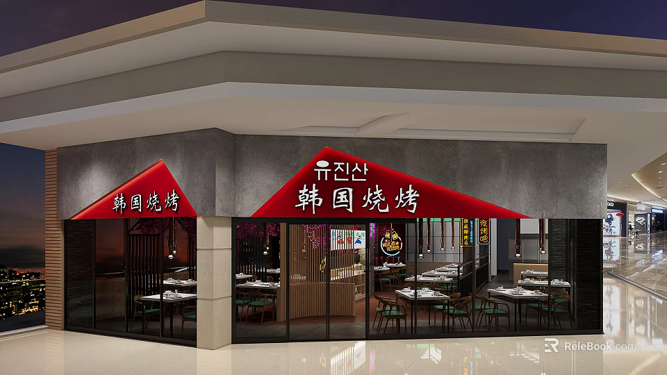 Korean BBQ Restaurant Exterior With Red Signage And Dining Tables 3d model 