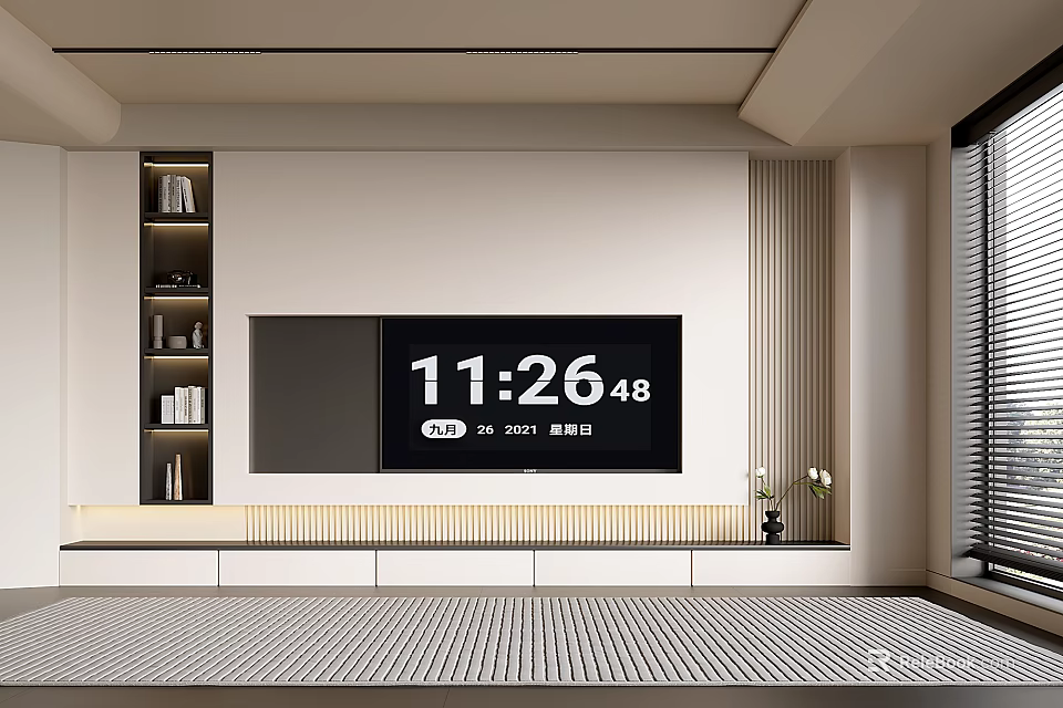 Minimalist Modern TV Stand With Large Screen TV Storage Shelves And Decorative Plant 3d model 