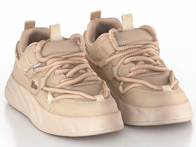 Beige Casual Shoes With Braided Laces Platform Sole Fabric Upper Minimalist Design For Everyday Wear 3d model
