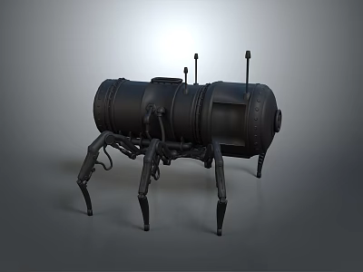 Black Mechanical Spider with Cylindrical Body and Antennas as Game Movie Character 3d model