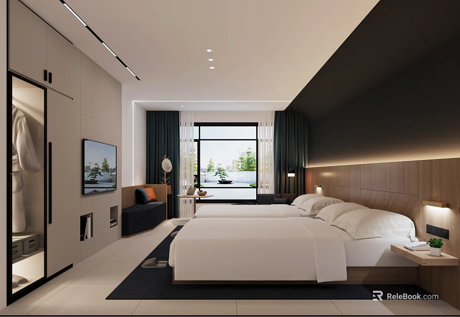 Modern Hotel Room Interior Featuring Double Bed White Sheets TV and Large Window Curtains 3d model 