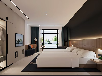 Modern Hotel Room Interior Featuring Double Bed White Sheets TV and Large Window Curtains 3d model