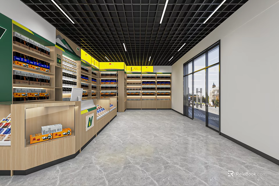 Modern Tobacco and Liquor Store Interior With Shelves Counter and Glass Doors 3d model 