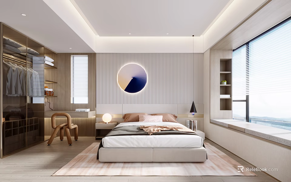 Modern Bedroom Interior Design With Circular Wall Art Bedside Lamp And Window View 3d model 