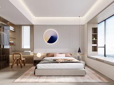 Modern Bedroom Interior Design With Circular Wall Art Bedside Lamp And Window View 3d model