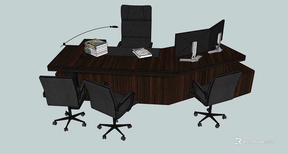 Executive Office Desk With Dark Wooden Surface Dual Monitors Books And Office Chairs 3d model 