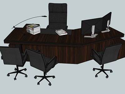 Executive Office Desk With Dark Wooden Surface Dual Monitors Books And Office Chairs 3d model