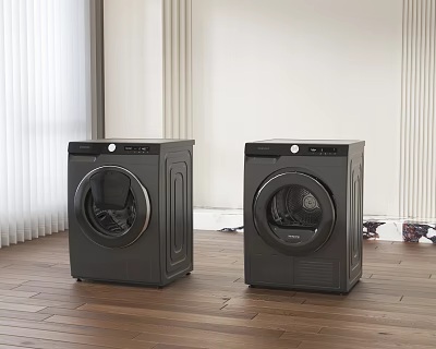 Two Black Modern Front Load Washing Machines In Home Interior With Wooden Floor 3d model