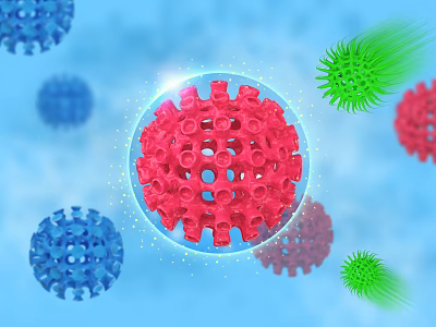 Advanced Medical Device Visualizing Red Blue Virus Structure Details on Blue Background 3d model