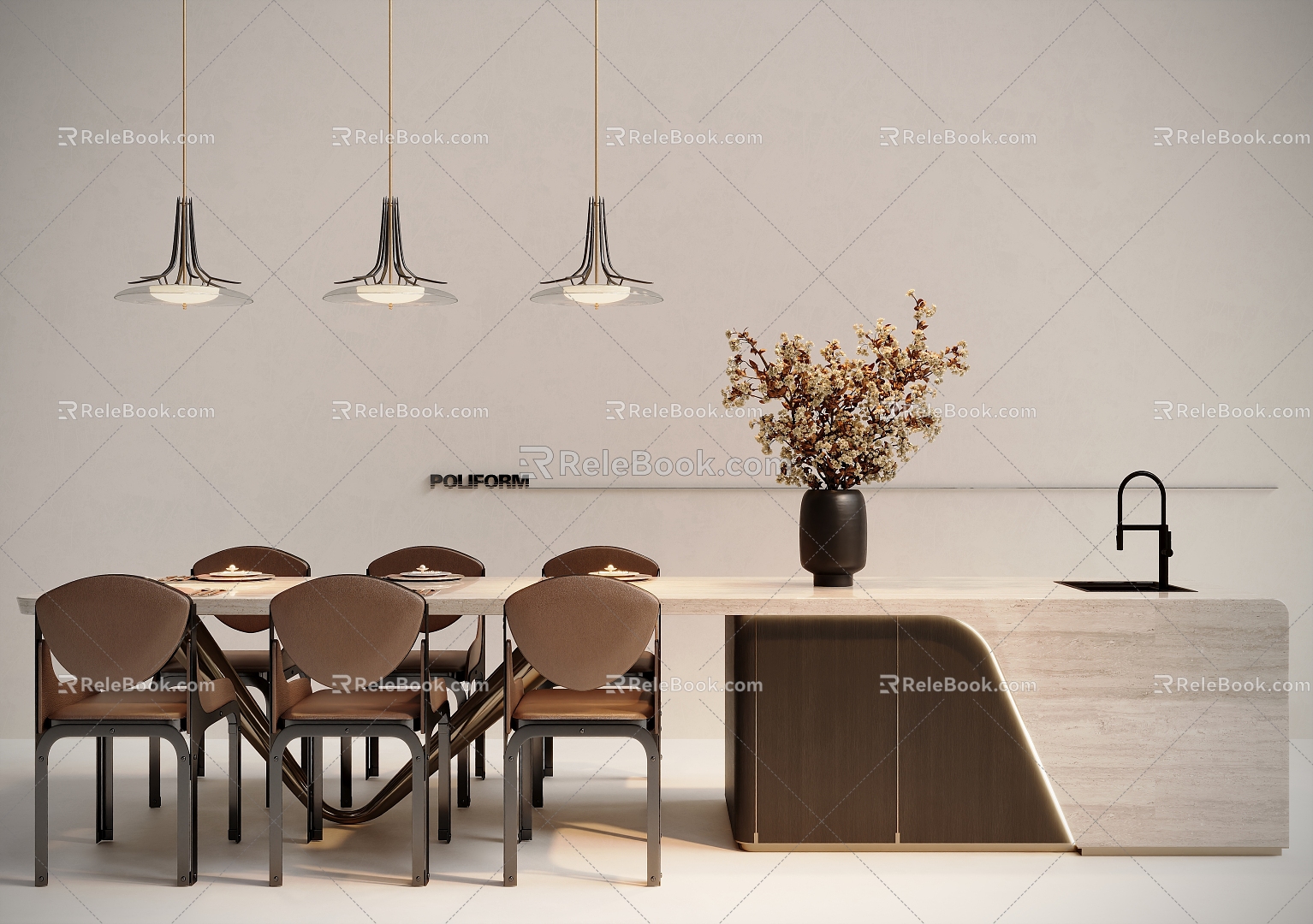 Modern island dining table and chair combination 3d model