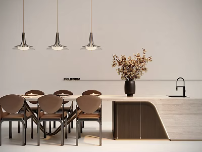 Modern Dining Table Set With Chairs Pendant Lights And Flower Vase On Countertop 3d model