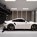 Luxury Garage Interior With White And Red Sports Cars Ceiling Lights And Wall Storage