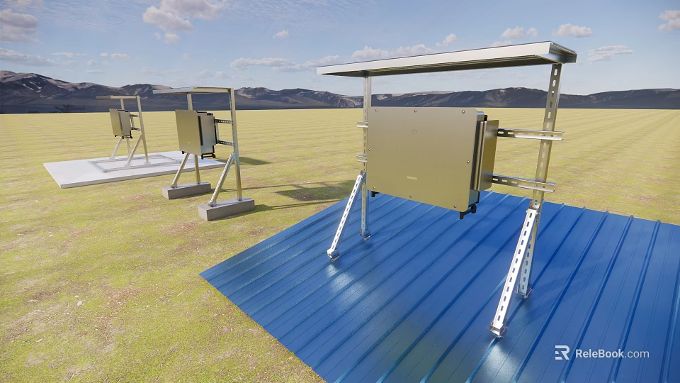 Industrial Equipment With Metal Frames And Enclosures Installed On Blue Metal Roof In Open Grassland With Mountain View 3d model 