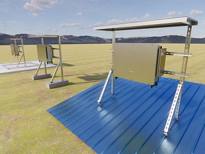 Industrial Equipment With Metal Frames And Enclosures Installed On Blue Metal Roof In Open Grassland With Mountain View 3d model
