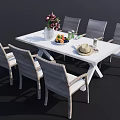 White Dining Table Set With Six Wicker Chairs Vase Flowers Fruit Hat Drinks Decor 3d model