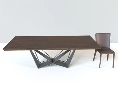 Modern Dining Table Set With Wooden Top And Geometric Metal Base And Chair 3d model