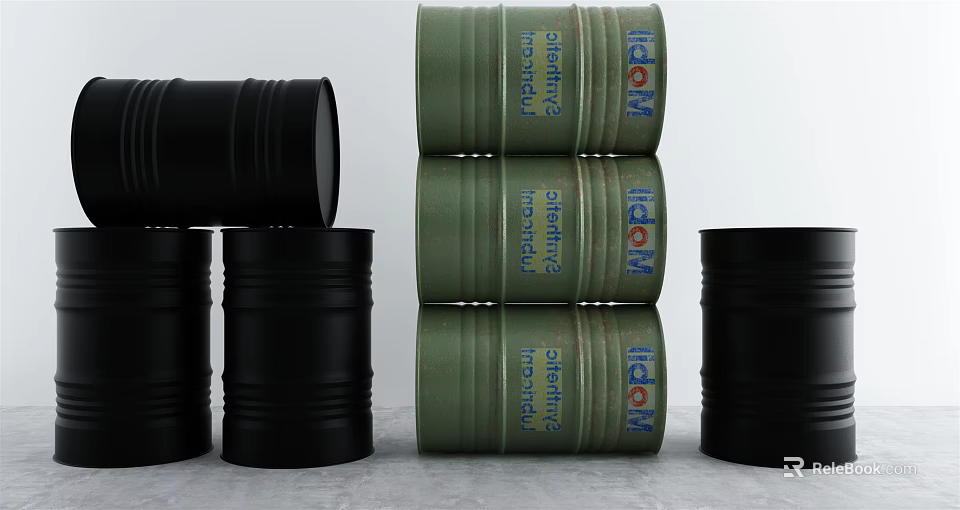 Black And Green Industrial Drums Stacked For Hydraulic Synthetic Oil Storage 3d model 